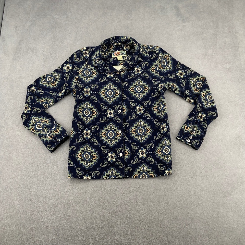 La Cabana Womens Paisley‎ Medallion Button Down Shirt Navy Blue Green Small